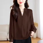 Lady Temperament V-neck Slimming Solid Color Top - Coffee Color