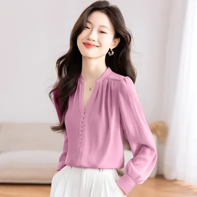 Lady Temperament V neck Slimming Solid Color Top Night Mist Pink - Shop at LoveMi