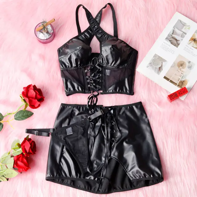 Leather PU Cross halterneck Strap Steel Ring Skirt Outfit Black - Shop at LoveMi