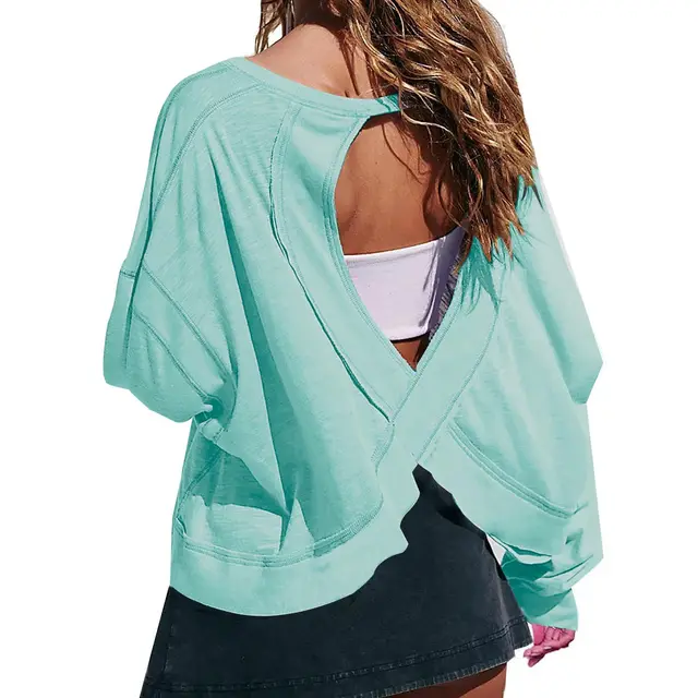 Women's Loose Long sleeved Backless Top Hollow out Short Round Neck T shirt Light Green - Shop at LoveMi