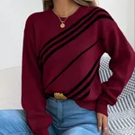 Women's Casual Striped Round Neck Lantern Long Sleeve Pullover Sweater - Red