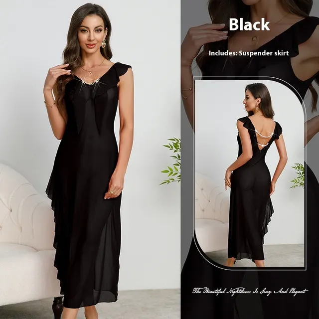 Women's Ruffled Sexy V neck Backless Pearl Dress Black - Shop at LoveMi
