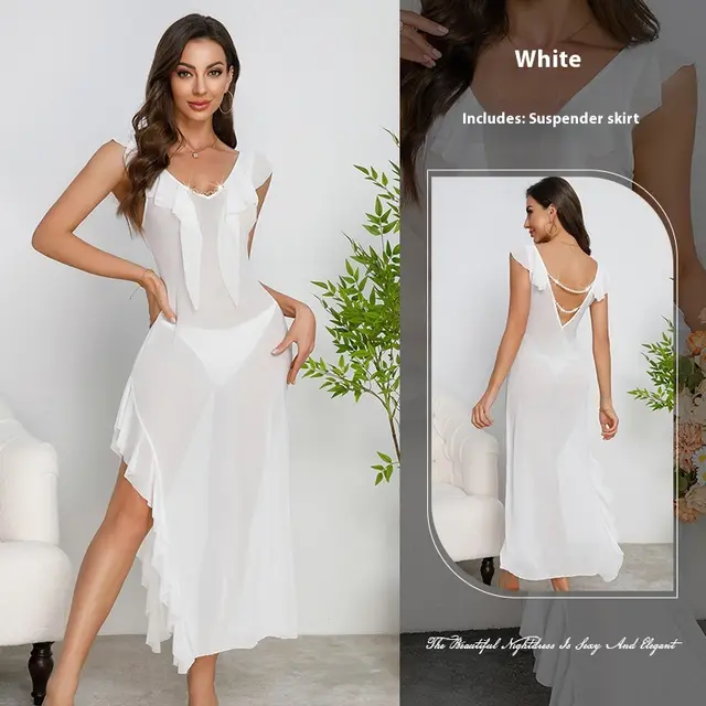 Women's Ruffled Sexy V neck Backless Pearl Dress White - Shop at LoveMi