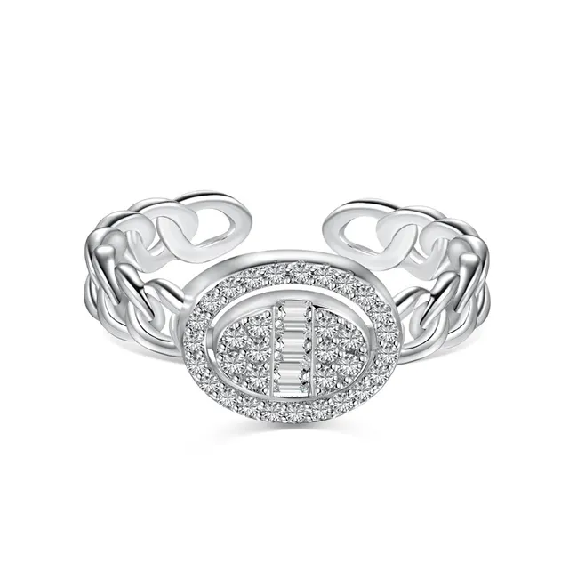 S925 Sterling Silver Women's Open Oval Full Zircon Inlaid Ring Silver - Shop at LoveMi