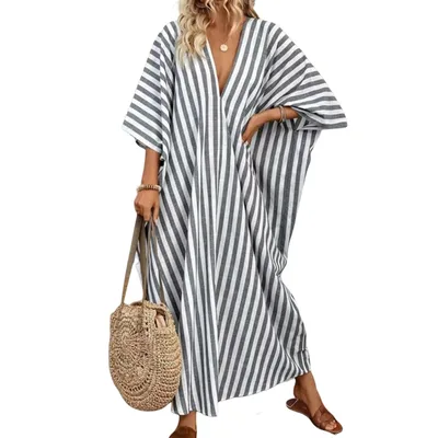 Casual V neck Striped Long Dress For Women Gray - Shop at LoveMi