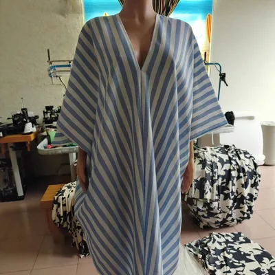 Casual V neck Striped Long Dress For Women Light Blue - Shop at LoveMi