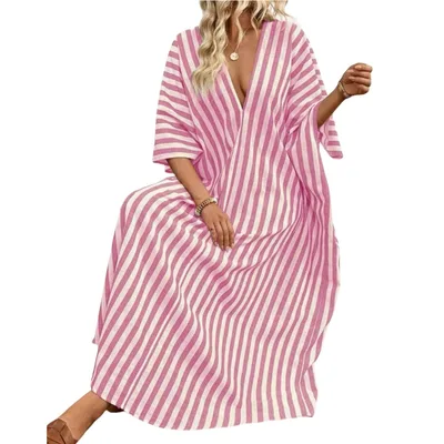 Casual V neck Striped Long Dress For Women Pink - Shop at LoveMi