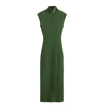 Green High Collar Sleeveless Knitted Dress Metal Color Thread Knitting Green - Shop at LoveMi