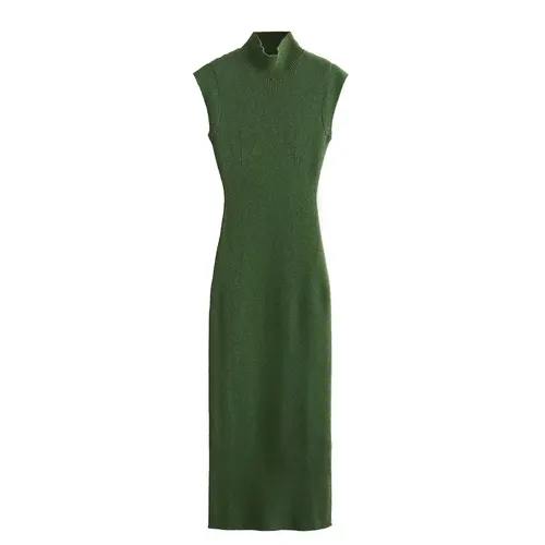 Green High Collar Sleeveless Knitted Dress Metal Color Thread Knitting Green - Shop at LoveMi