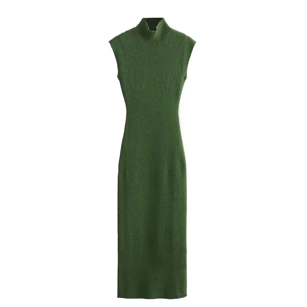Green High Collar Sleeveless Knitted Dress Metal Colour Thread Knitting - Green - View 1