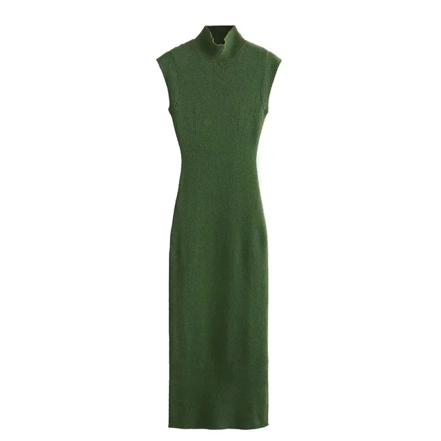Green High Collar Sleeveless Knitted Dress Metal Color Thread Knitting Green - Shop at LoveMi