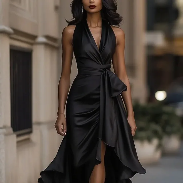 Elegant V neck Irregular Women's Ruffled Dress Black - Shop at LoveMi