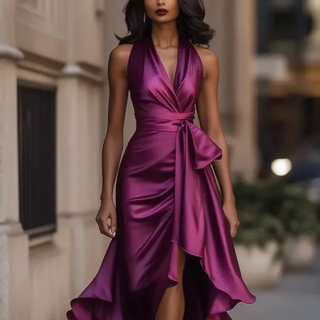 Elegant V neck Irregular Women's Ruffled Dress Wine Red - Shop at LoveMi