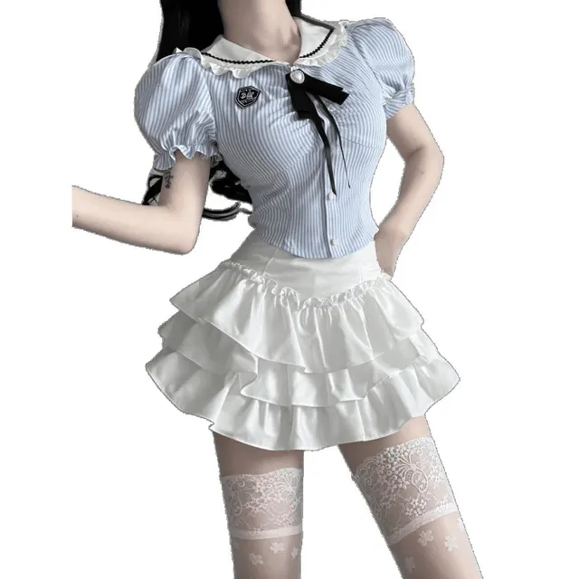 Sweet College Style JK Waist Trimming Short Sense Of Design Shirt Female Cake Dress Two piece Set Suit - Shop at LoveMi