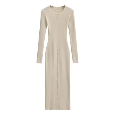 Women's Round Neck Two way Knitted Long Sleeve Cardigan Bottoming Dress Beige - Shop at LoveMi