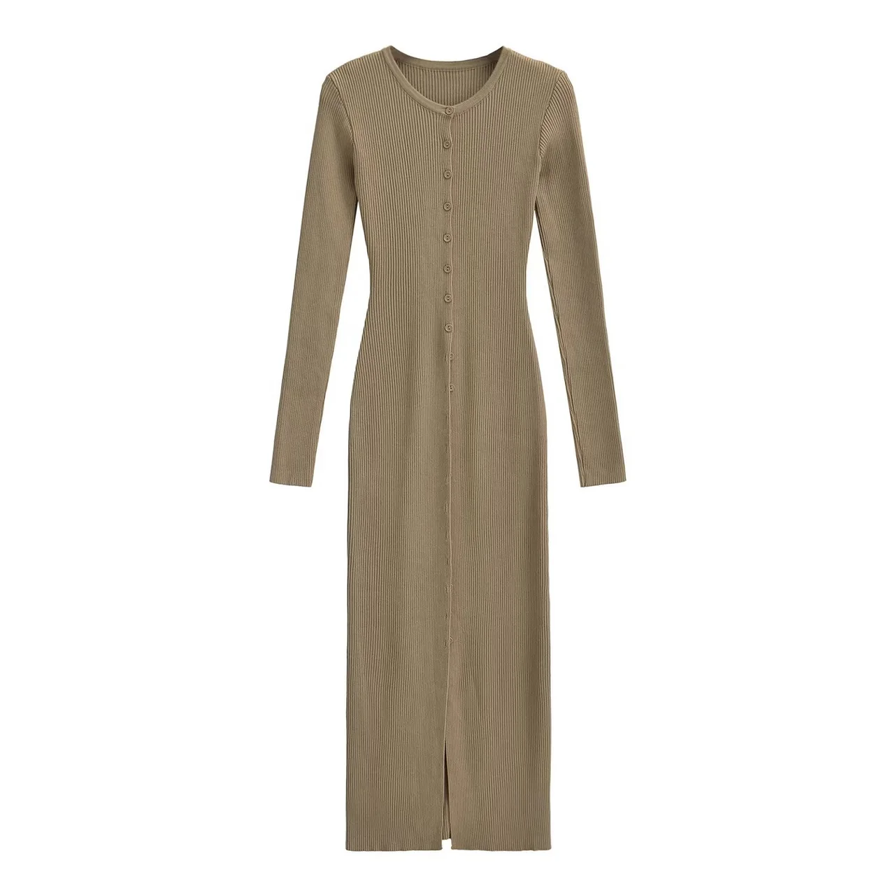 Women's Round Neck Two-way Knitted Long Sleeve Cardigan Bottoming Dress - Khaki