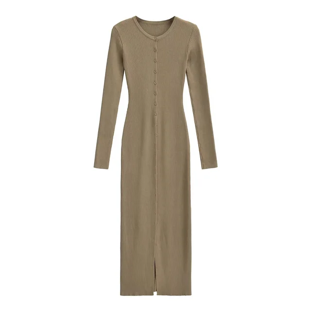 Women's Round Neck Two way Knitted Long Sleeve Cardigan Bottoming Dress Khaki - Shop at LoveMi