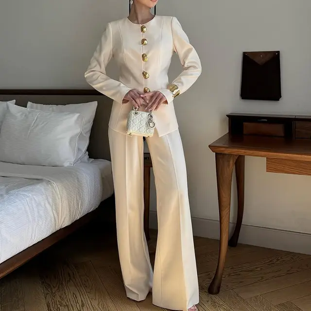Women's White Top Straight Loose Trousers Suit White - Shop at LoveMi