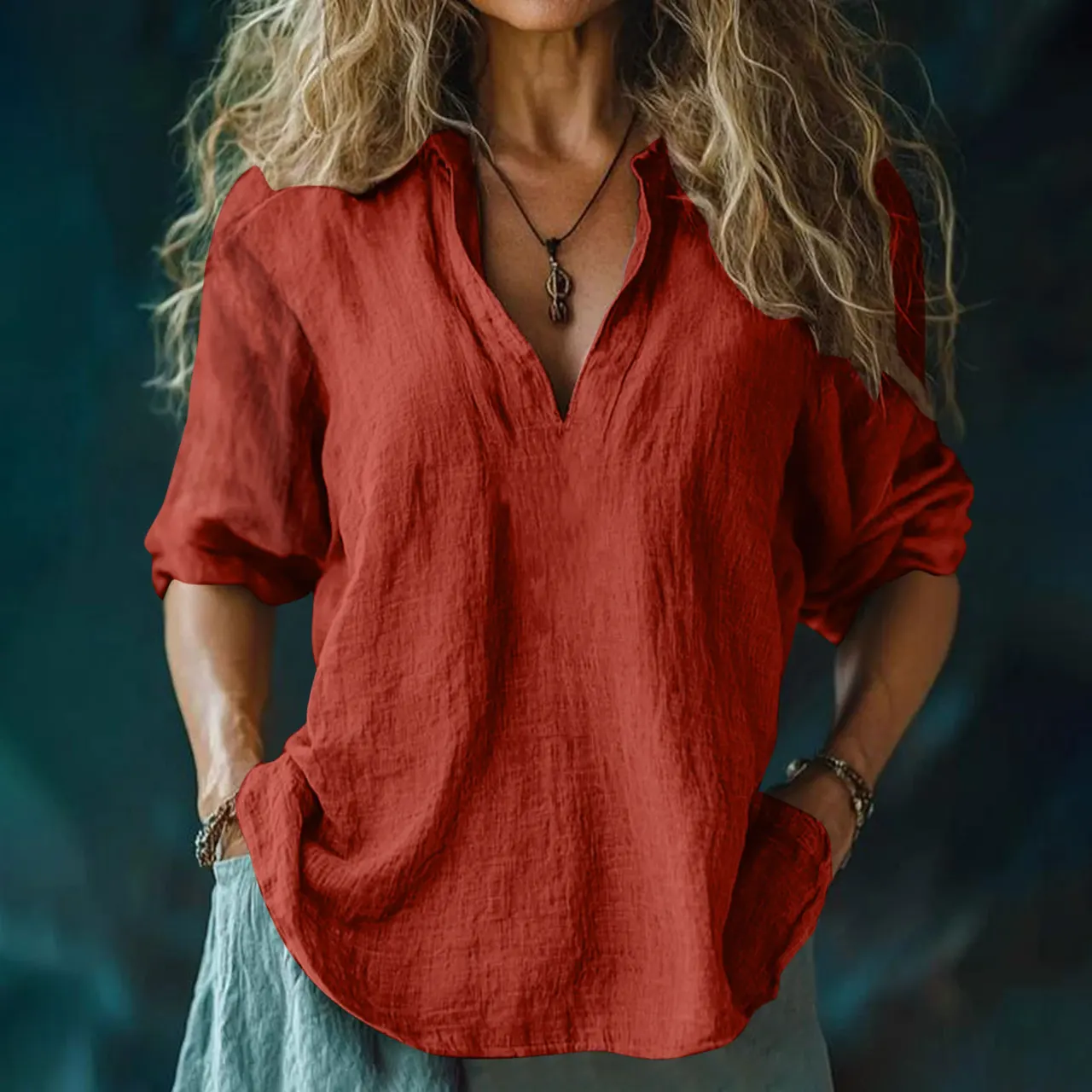 Women's Cotton And Linen V-neck Shirt - Red