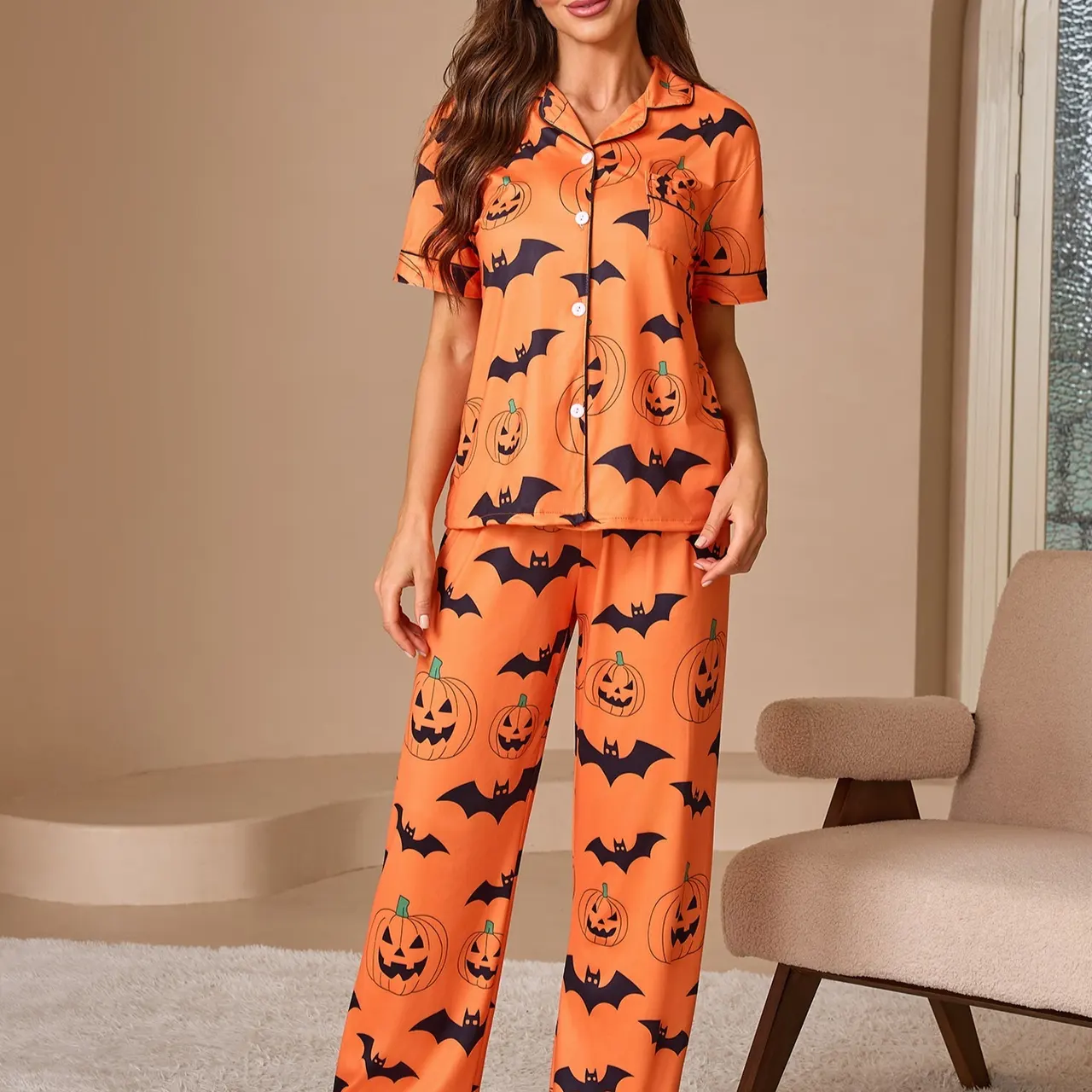 Women's Printed Pajamas Suit Fashionable Short-sleeved Shirt And Trousers - Orange - View 1