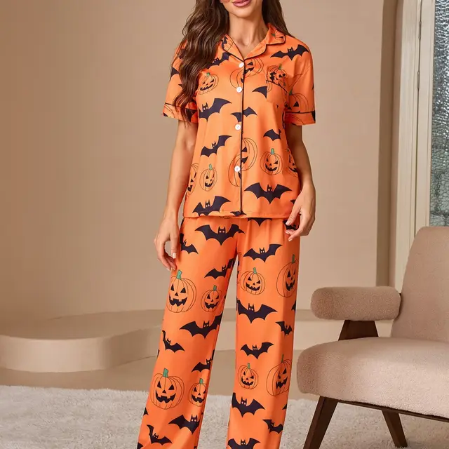 Women's Printed Pajamas Suit Fashionable Short sleeved Shirt And Trousers Orange - Shop at LoveMi