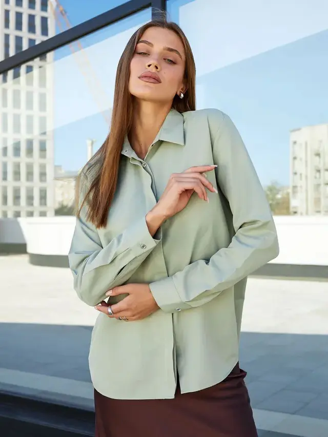 Foreign Trade Shirt Design Blouse Versatile Casual Long Sleeve Bean Green - Shop at LoveMi