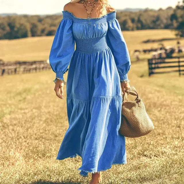 Long Sleeve High Waist Off shoulder Denim Dress Blue - Shop at LoveMi