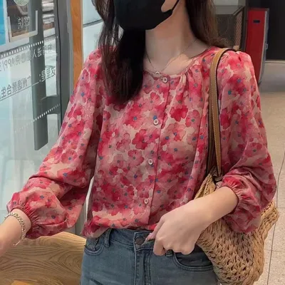 Floral Shirt Chiffon Blouses For Women Red - Shop at LoveMi