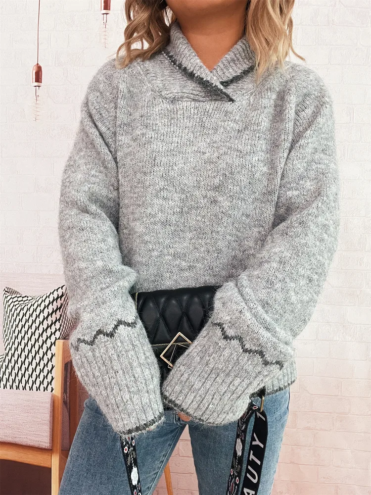 Simple Commute Half Turtleneck Lapel Contrast Color Knitted Pullover Sweater Light Gray - Shop at LoveMi