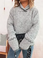 Simple Commute Half Turtleneck Lapel Contrast Color Knitted Pullover Sweater - Light Gray