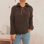 Simple Commute Lapel Tied Knitted Pullover Solid Color Loose Sweater - Brown