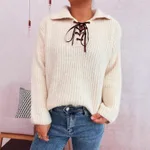 Simple Commute Lapel Tied Knitted Pullover Solid Color Loose Sweater - White