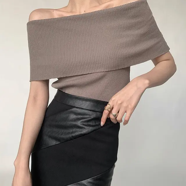 Retro Sexy Off the shoulder Off the shoulder Paperman Vest T shirt Top Khaki - Shop at LoveMi