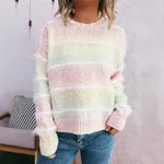Striped Rainbow Pullover Gradient Cute Round Neck Sweater - Colour