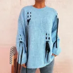 Handmade Lace-up Knitted Round Neck Long Sleeve Loose Sweater - Blue
