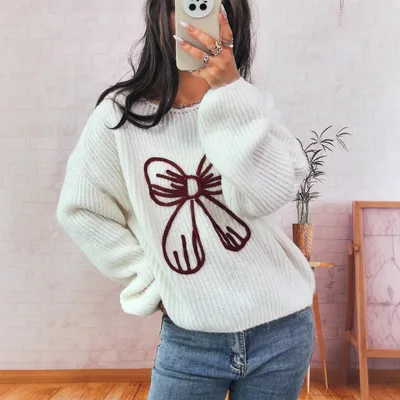 Simple Casual Bow Embroidery Decoration Knitted Long Sleeve Sweater White - Shop at LoveMi