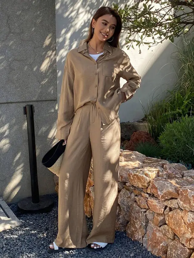 Women's Button Fashion Casual Two piece Suit Khaki - Shop at LoveMi