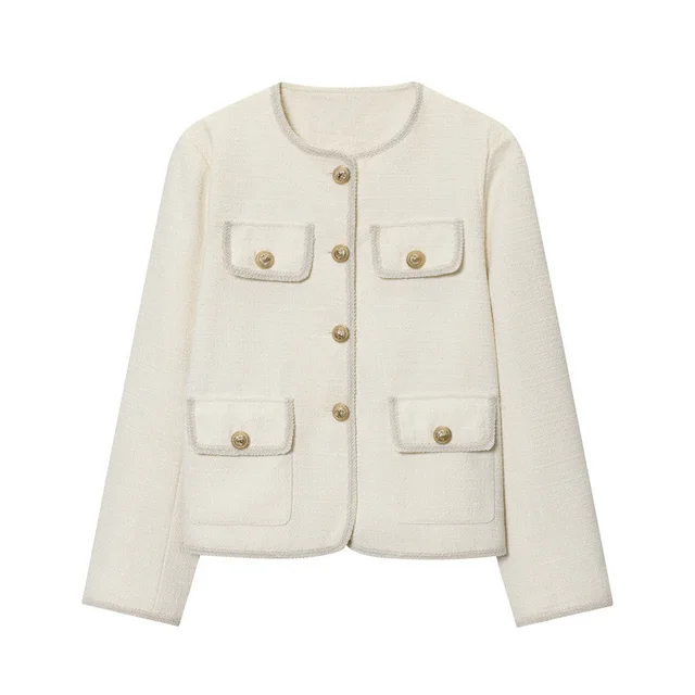Women's Round Neck Pocket Velvet Coat White - Shop at LoveMi