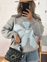 Casual Loose Knitted Round Neck Large Flower Jacquard Contrast Color Sweater - Gray