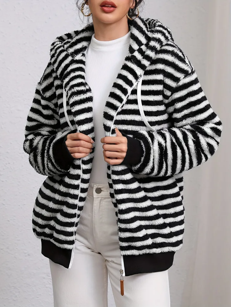 New Lazy Plush Design Black And White Striped Hooded Jacket White - Shop at LoveMi