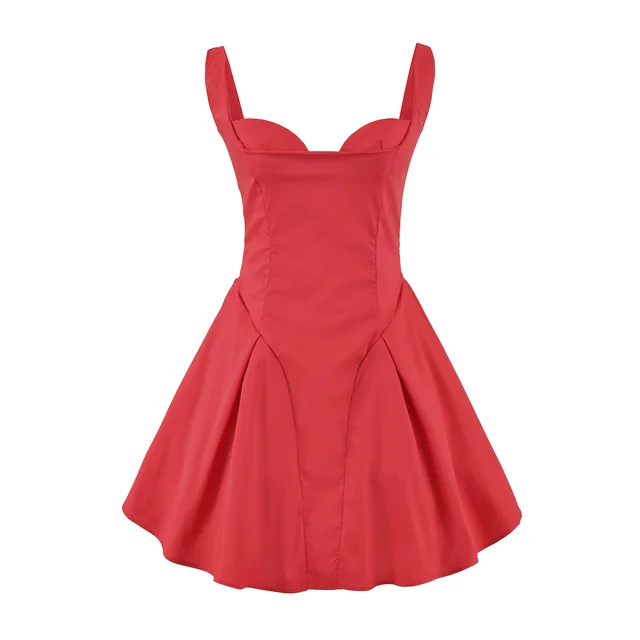 Backless Short Suspender Dress French Square Collar A Line Mini Skirt Red - Shop at LoveMi
