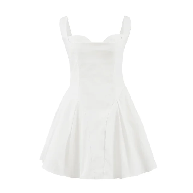 Backless Short Suspender Dress French Square Collar A Line Mini Skirt White - Shop at LoveMi