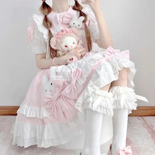 Cute Suspender Skirt Outfit Lolita Dresses Women Pink - Shop at LoveMi