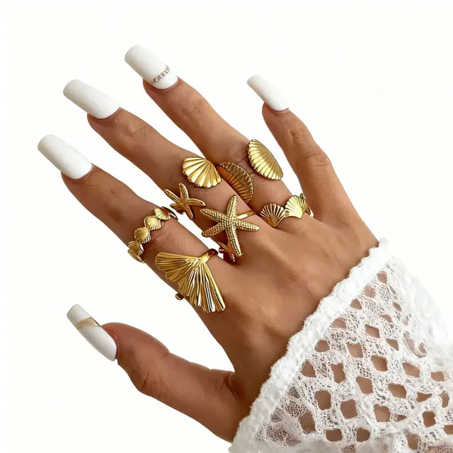 Geometric Fashion Retro Alloy Ring Irregular Shell 6 Piece Set - Shop at LoveMi