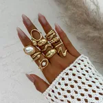Personalised Exaggerated Pearl Ring Hand Jewellery Retro Irregular - Light Gold 6283