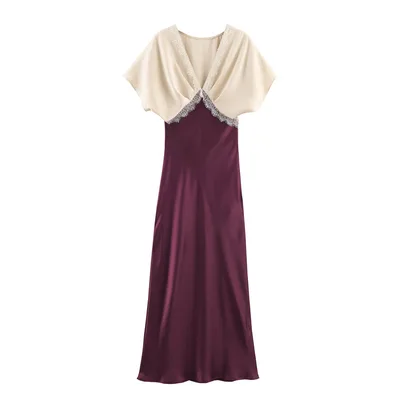 Elegant And Intellectual Contrasting Lace Satin Texture Dress Purple - Shop at LoveMi