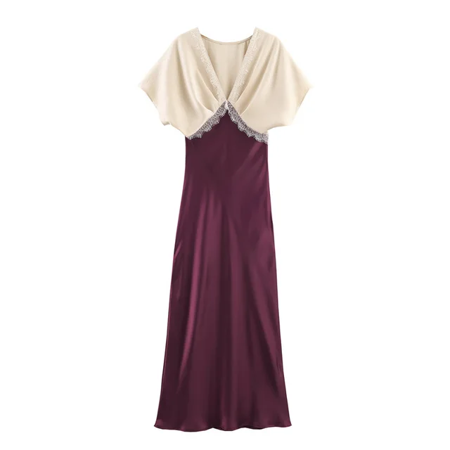 Elegant And Intellectual Contrasting Lace Satin Texture Dress Purple - Shop at LoveMi