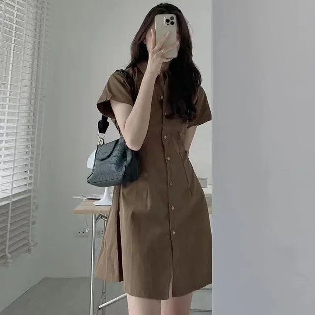 Simple Temperament Lapel Single Breasted Waist Slimming Small Size Dress Coffee Color - Shop at LoveMi
