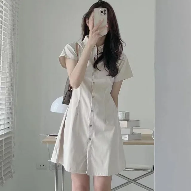 Simple Temperament Lapel Single Breasted Waist Slimming Small Size Dress - White