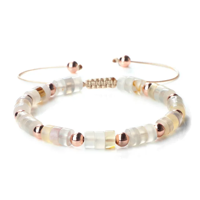 Colorful Agate Stone Beaded High grade Bohemian Adjustable Bracelet White Striped Rose Gold - Shop at LoveMi